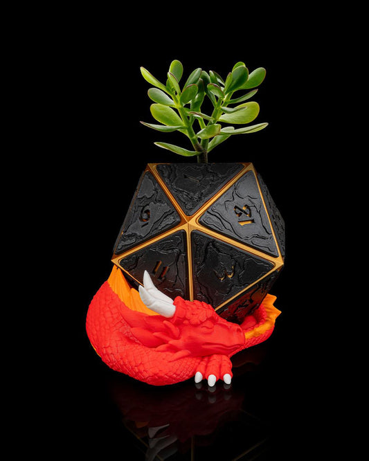 D20 Dice Planter with Sleeping Dragon – 3D Printed Fantasy Pot for Desk or Gamer Gift