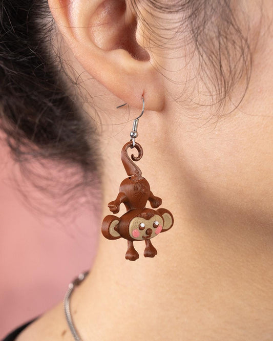 Monkey Dangling Earrings – 3D Printed Lightweight Animal Jewelry