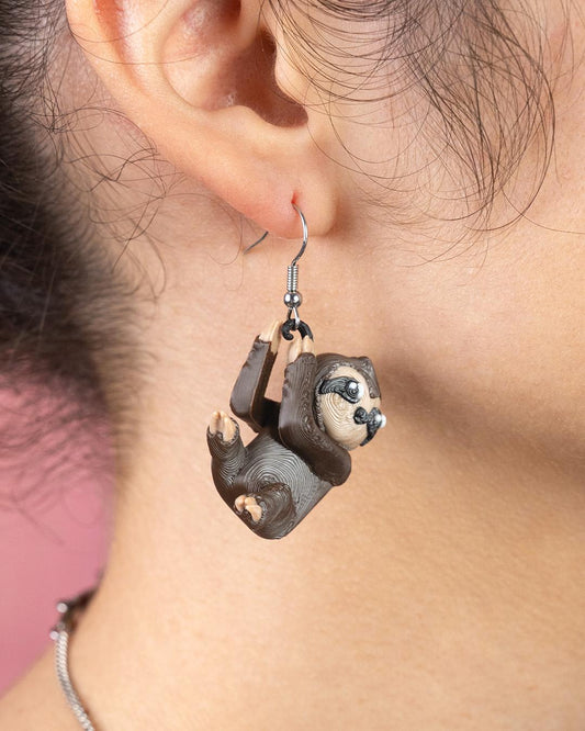 Hanging Sloth Earrings – 3D Printed Lightweight Animal Jewelry for Sloth Lovers