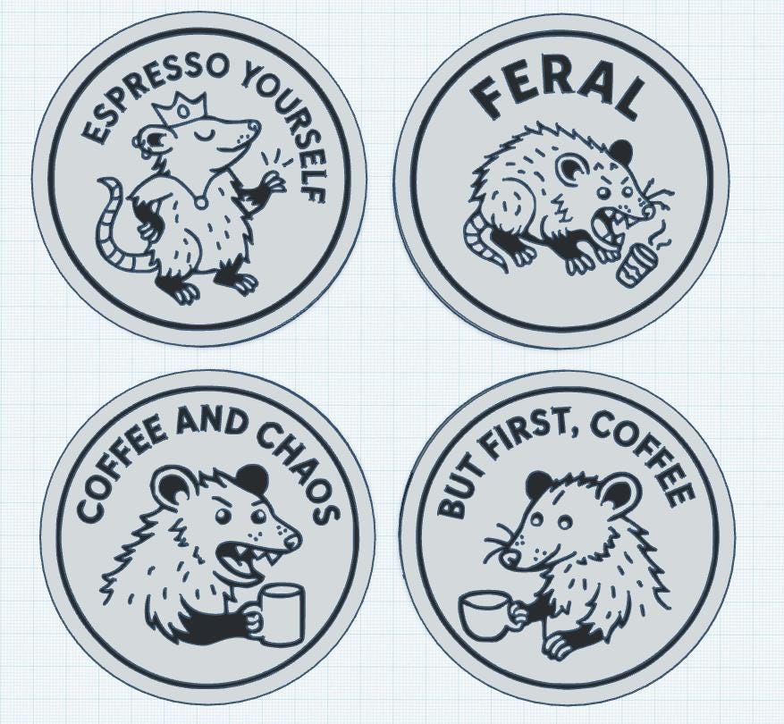 Funny Coffee Coasters – Set of 4 Possum Designs | Espresso & Chaos Drink Coasters | Feral Animal Gifts for Coffee Lovers
