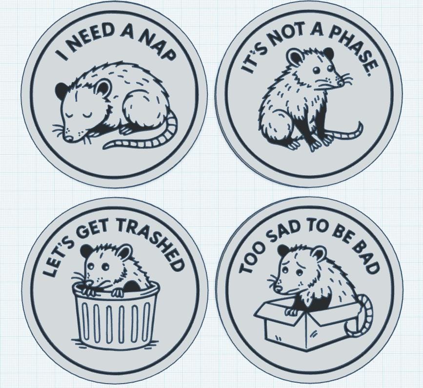 Sad Possum Coaster Set - Funny Opossum Gifts for Goth, Emo, Anxious Vibes - 3D Printed Drink Decor