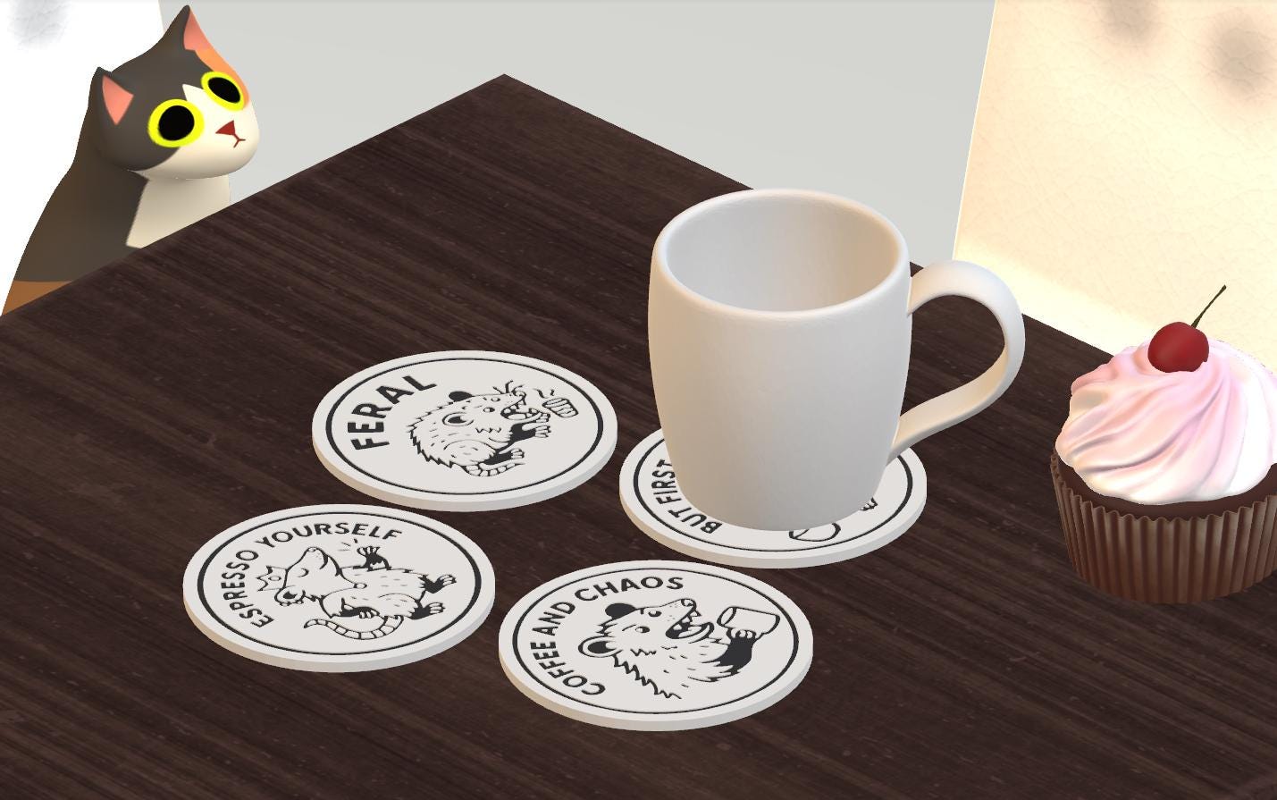 Funny Coffee Coasters – Set of 4 Possum Designs | Espresso & Chaos Drink Coasters | Feral Animal Gifts for Coffee Lovers