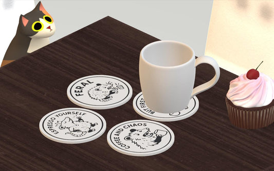 Funny Coffee Coasters – Set of 4 Possum Designs | Espresso & Chaos Drink Coasters | Feral Animal Gifts for Coffee Lovers
