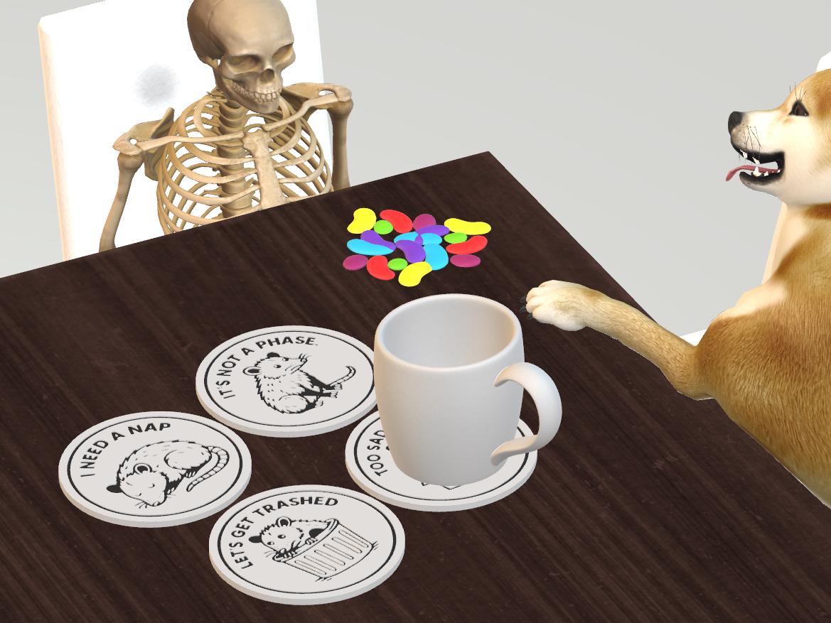 Sad Possum Coaster Set - Funny Opossum Gifts for Goth, Emo, Anxious Vibes - 3D Printed Drink Decor