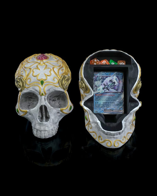 Skull deck box with card and dice storage, 3D printed for MTG, Pokémon, and tabletop games