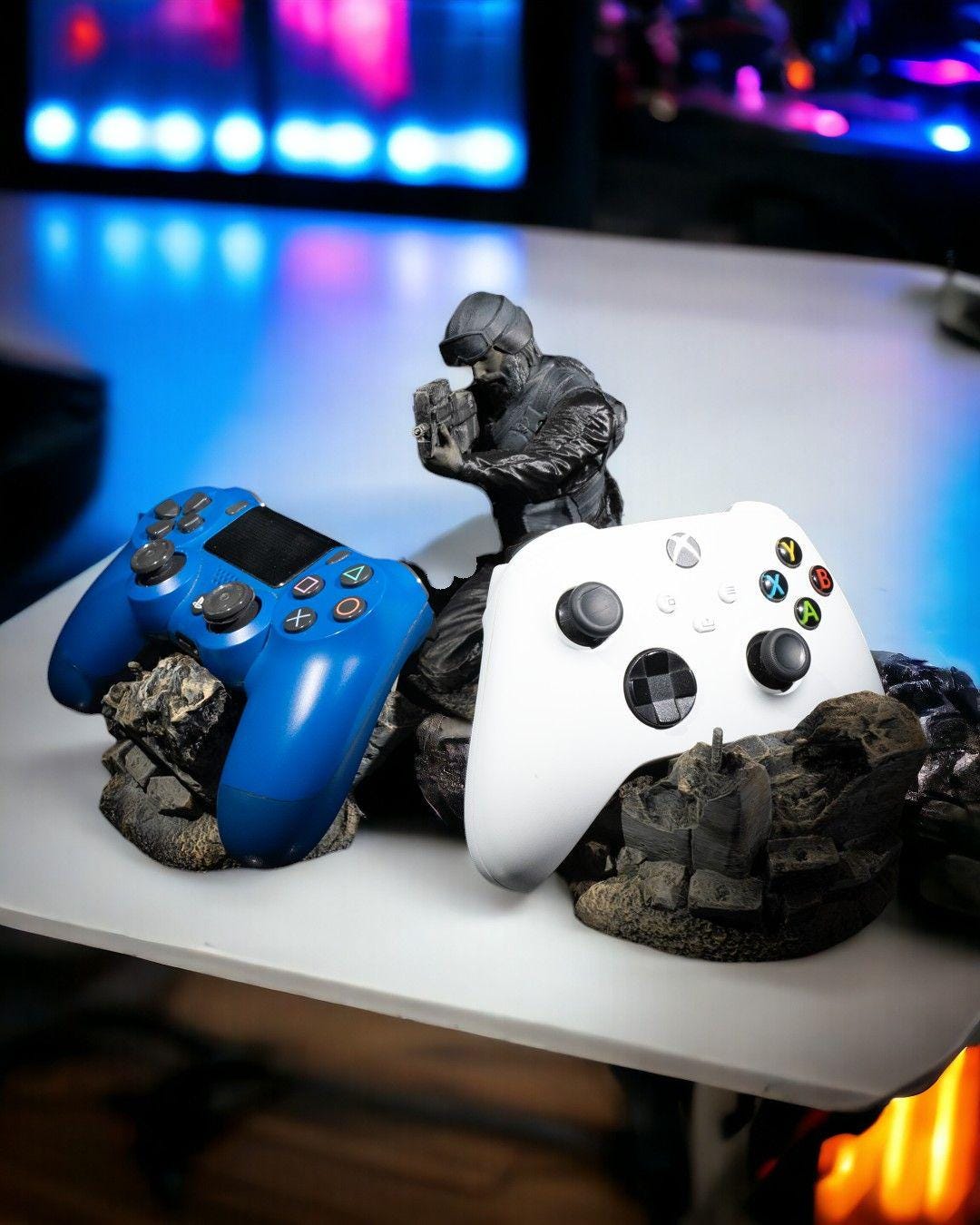 Tactical Controller Holder Stand | Soldier Barricade Display for Xbox, PS5, or PC | 3D Printed Gamer Gift Single or Dual Display