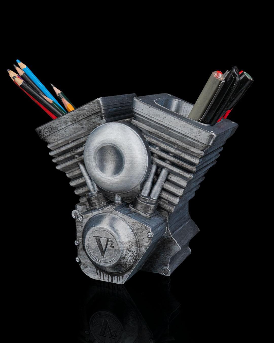 Hand Crank V Twin Engine Pen Holder 3D Printed Desk Organizer with Moving Piston Pen action Gift for Dad or Mechanic