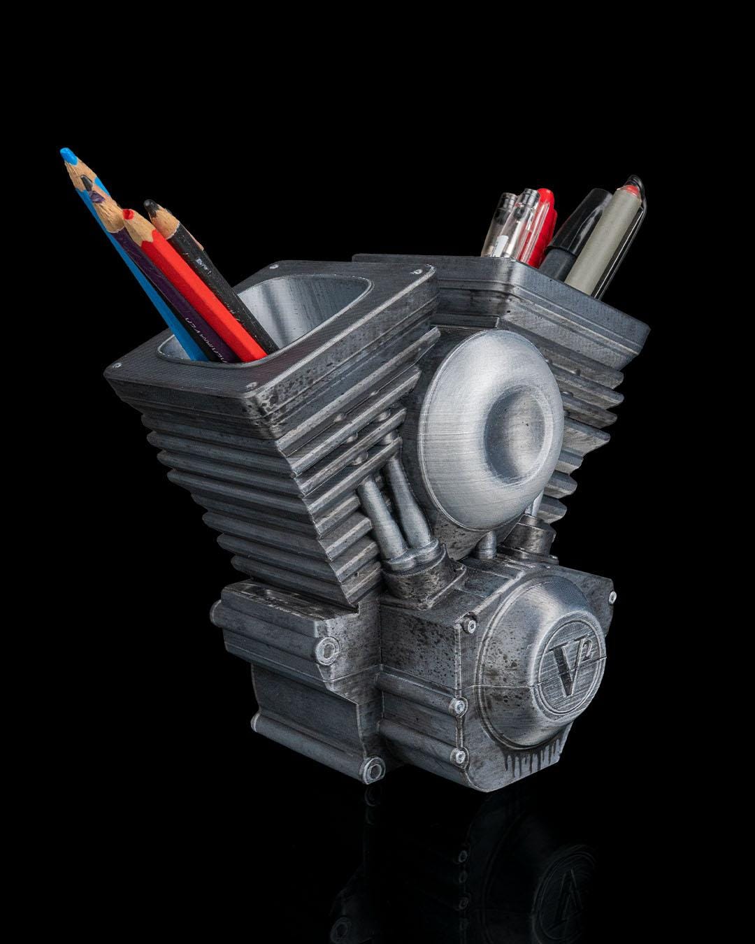 Hand Crank V Twin Engine Pen Holder 3D Printed Desk Organizer with Moving Piston Pen action Gift for Dad or Mechanic