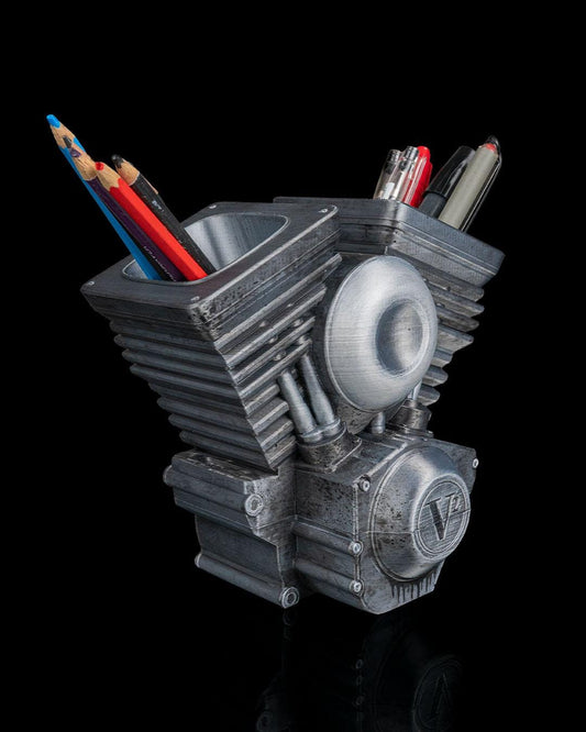 Hand Crank V Twin Engine Pen Holder 3D Printed Desk Organizer with Moving Piston Pen action Gift for Dad or Mechanic