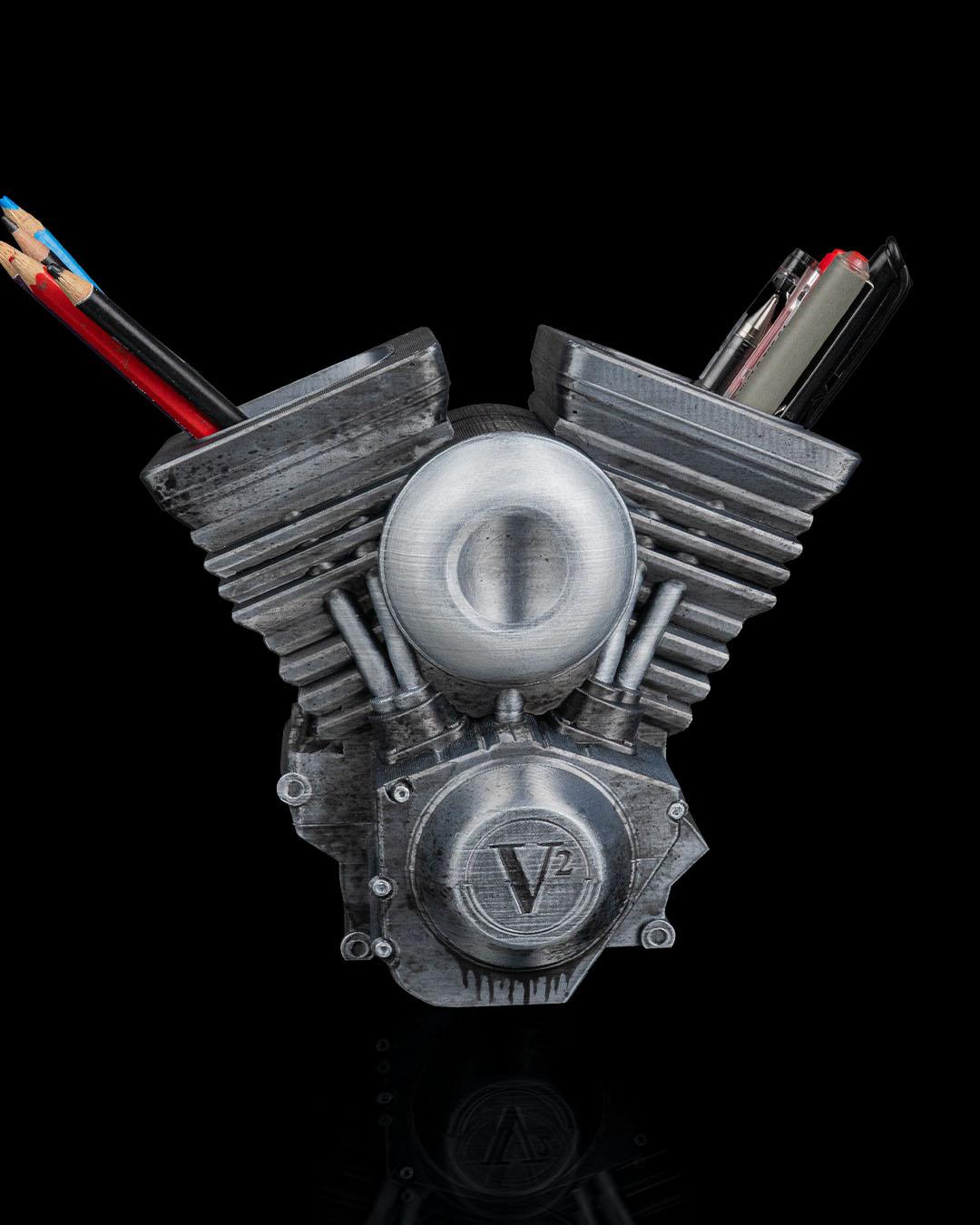 Hand Crank V Twin Engine Pen Holder 3D Printed Desk Organizer with Moving Piston Pen action Gift for Dad or Mechanic