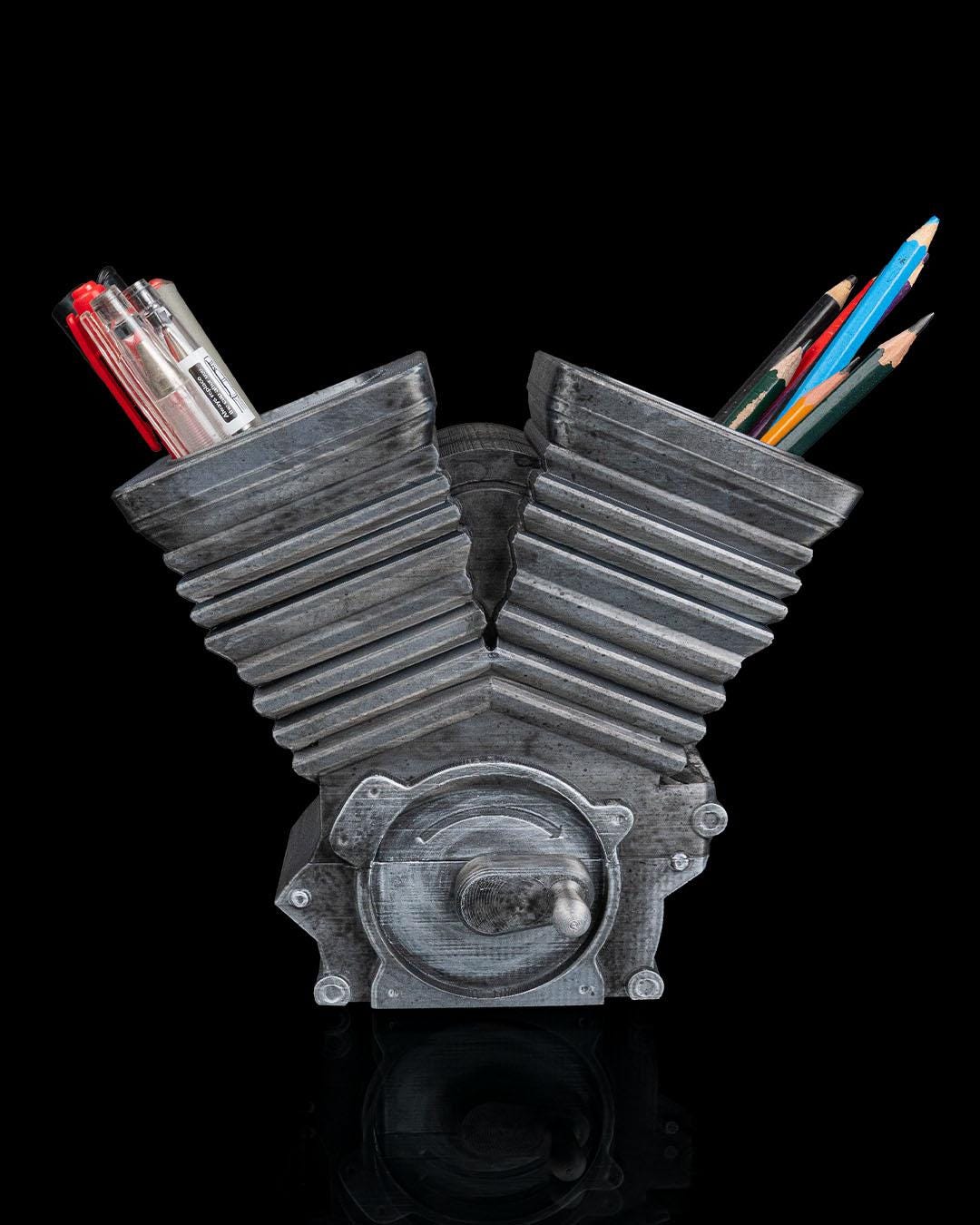 Hand Crank V Twin Engine Pen Holder 3D Printed Desk Organizer with Moving Piston Pen action Gift for Dad or Mechanic