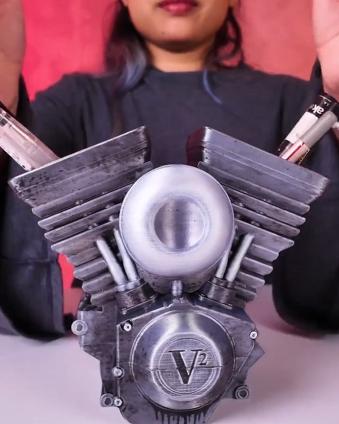 Hand Crank V Twin Engine Pen Holder 3D Printed Desk Organizer with Moving Piston Pen action Gift for Dad or Mechanic