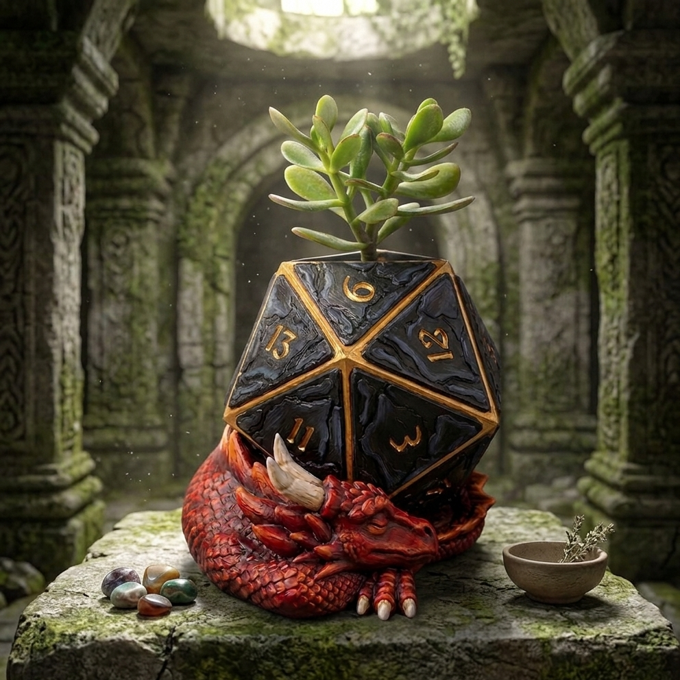 D20 Dice Planter with Sleeping Dragon, Fantasy Pot for Desk Decor & Gamer Gifts