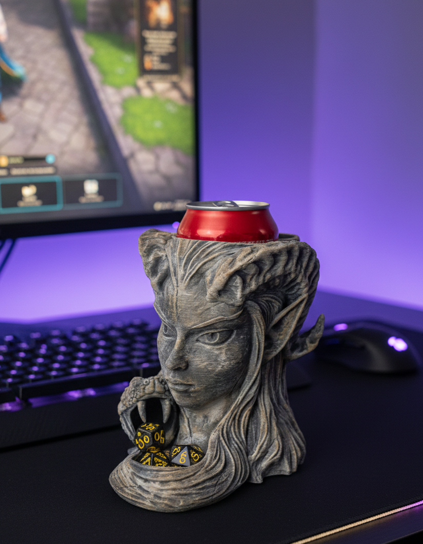 Decorative drink holder shaped like a fantasy character head on a desk with a computer in the background.