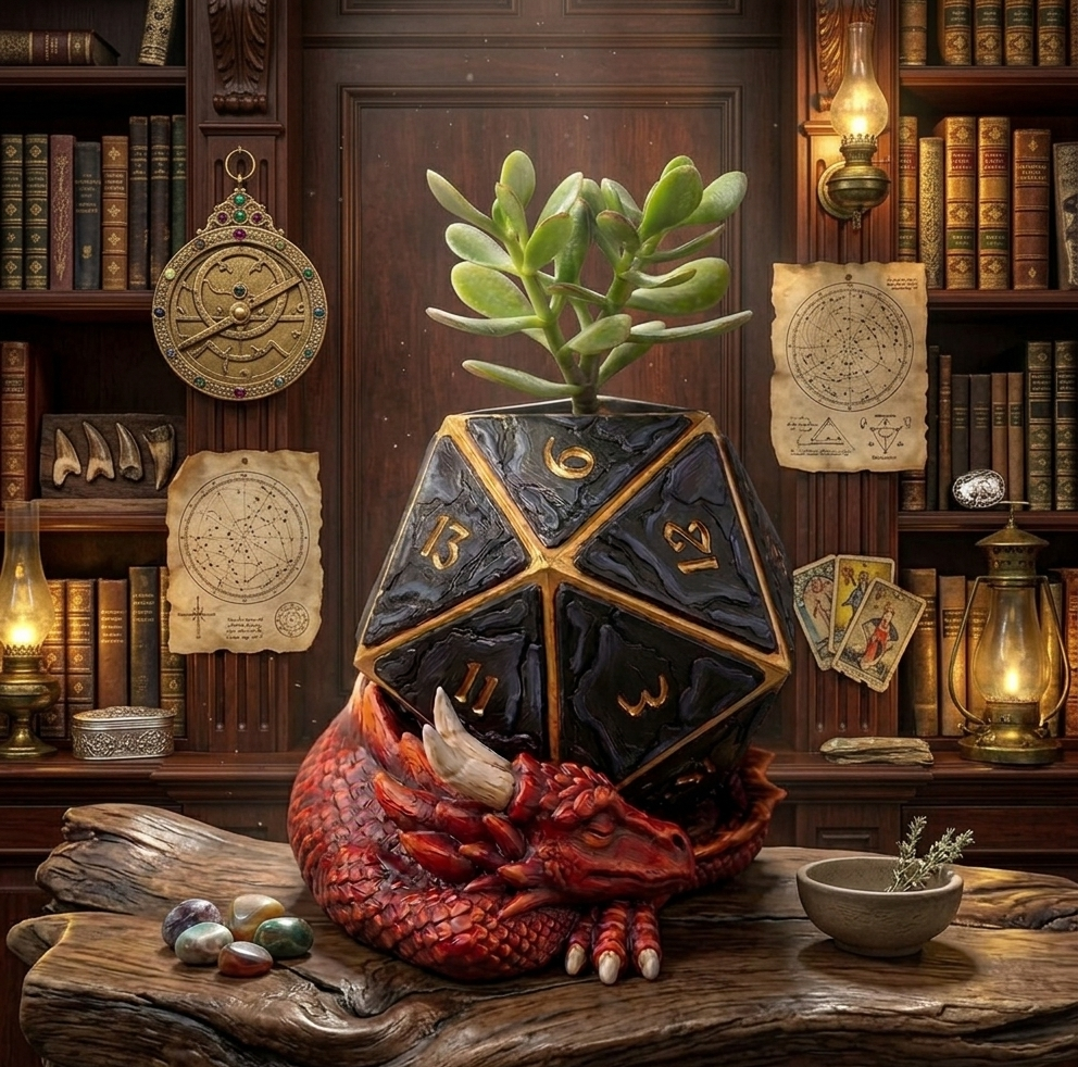 D20 Dragon Planter for Desks, Shelves & Gamer Gifts