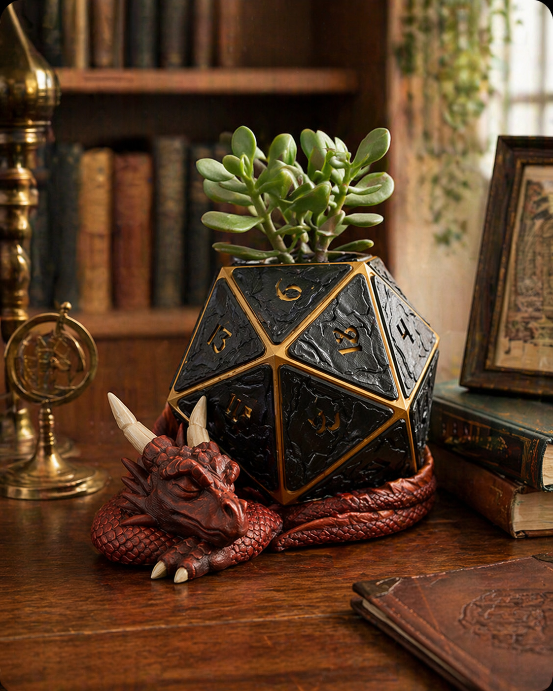 D20 Dragon Planter for Desks, Shelves & Gamer Gifts
