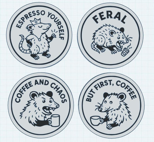 Funny Coffee Coasters – Set of 4 Possum Designs | Espresso & Chaos Drink Coasters | Feral Animal Gifts for Coffee Lovers