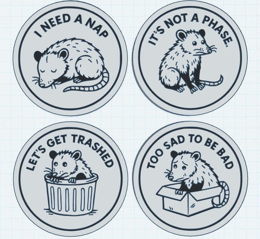 Sad Possum Coaster Set - Funny Opossum Gifts for Goth, Emo, Anxious Vibes - 3D Printed Drink Decor