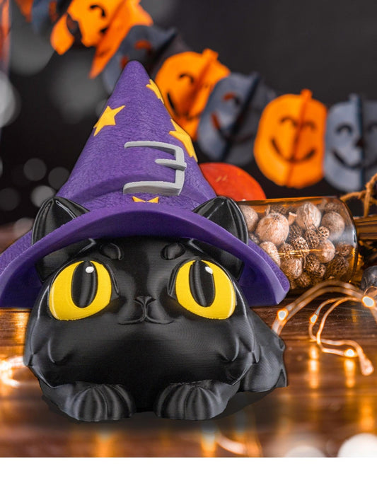 Candy Dish Witch Cat Halloween Decor Cute Black Cat Bowl with Flip Hat Lid for Treats and Display Cat lover cute Halloween decor Summerween