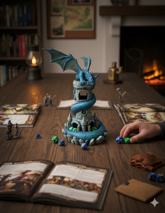 Dragon-themed board game setup on a wooden table with books and lanterns in the background.